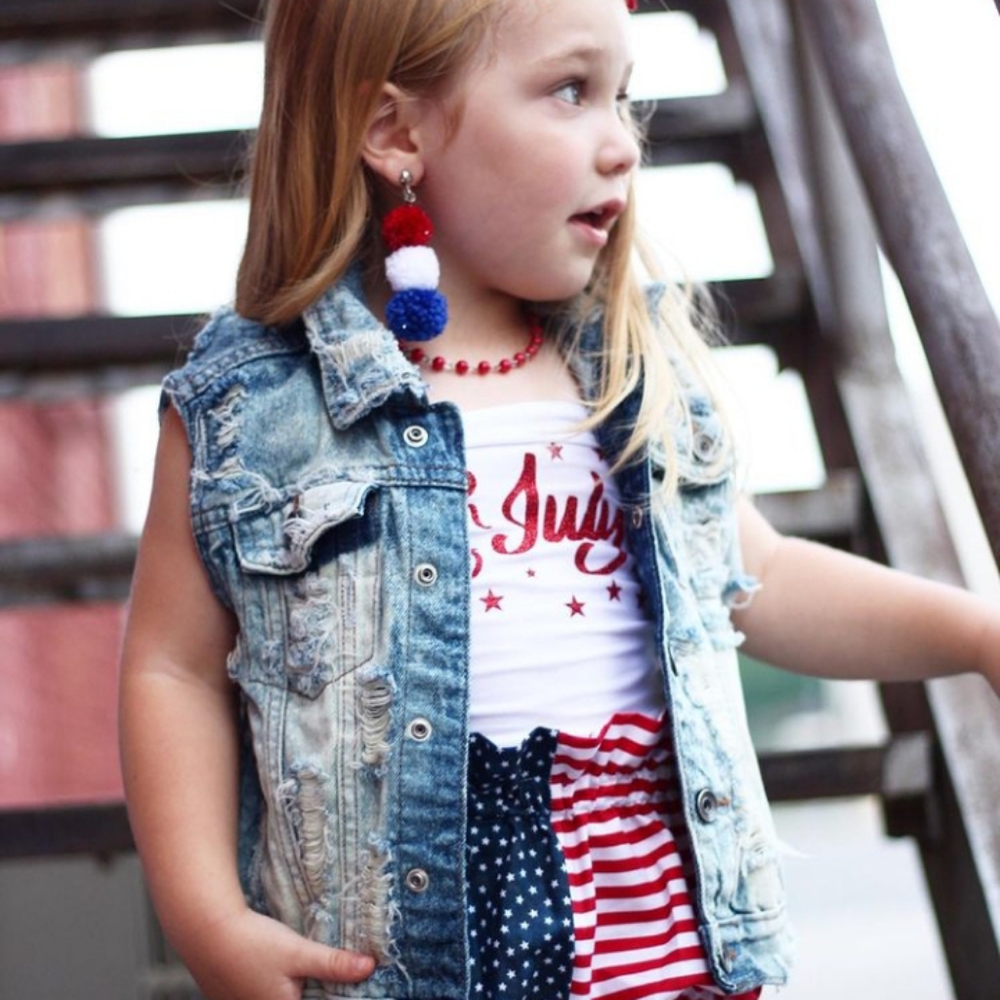 Kids Pom Clip On Earrings 4th of July